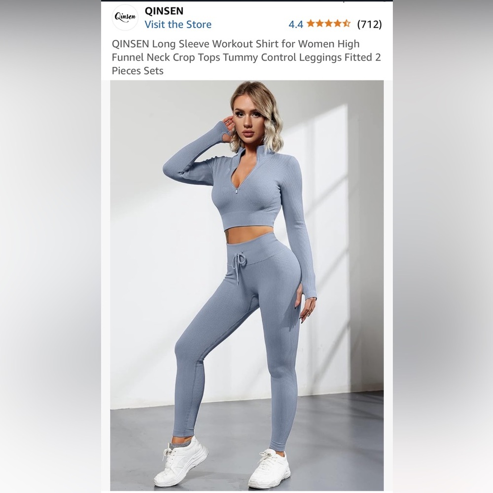 Pale blue/mint green/gray long sleeve cropped top with high waisted ribbed pants